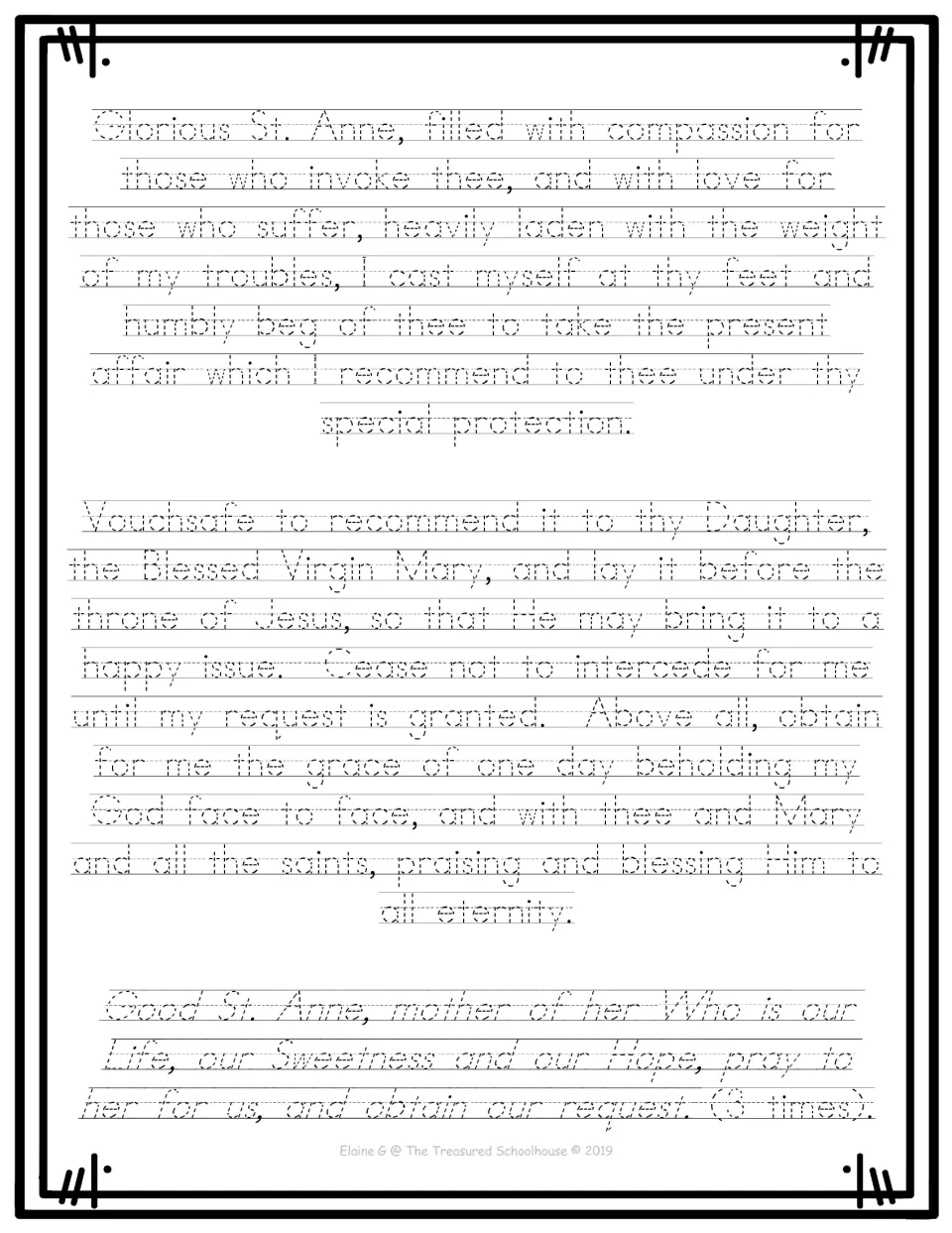 Print handwriting practice presents the full St. Anne prayer in dotted letters, including the closing petition