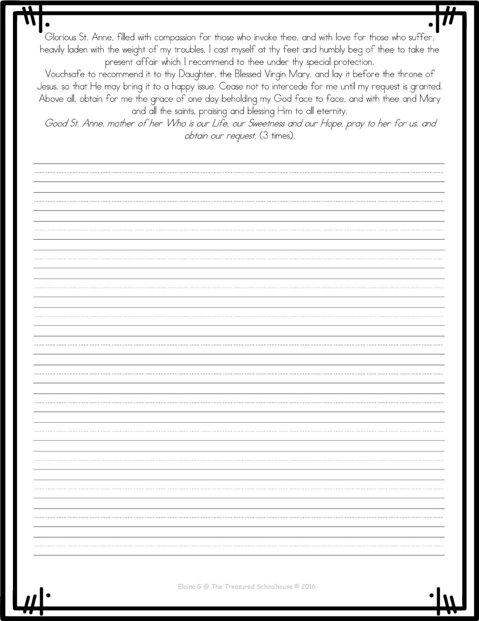 St. Anne prayer copywork page provides the complete prayer as a model above space for handwriting practice
