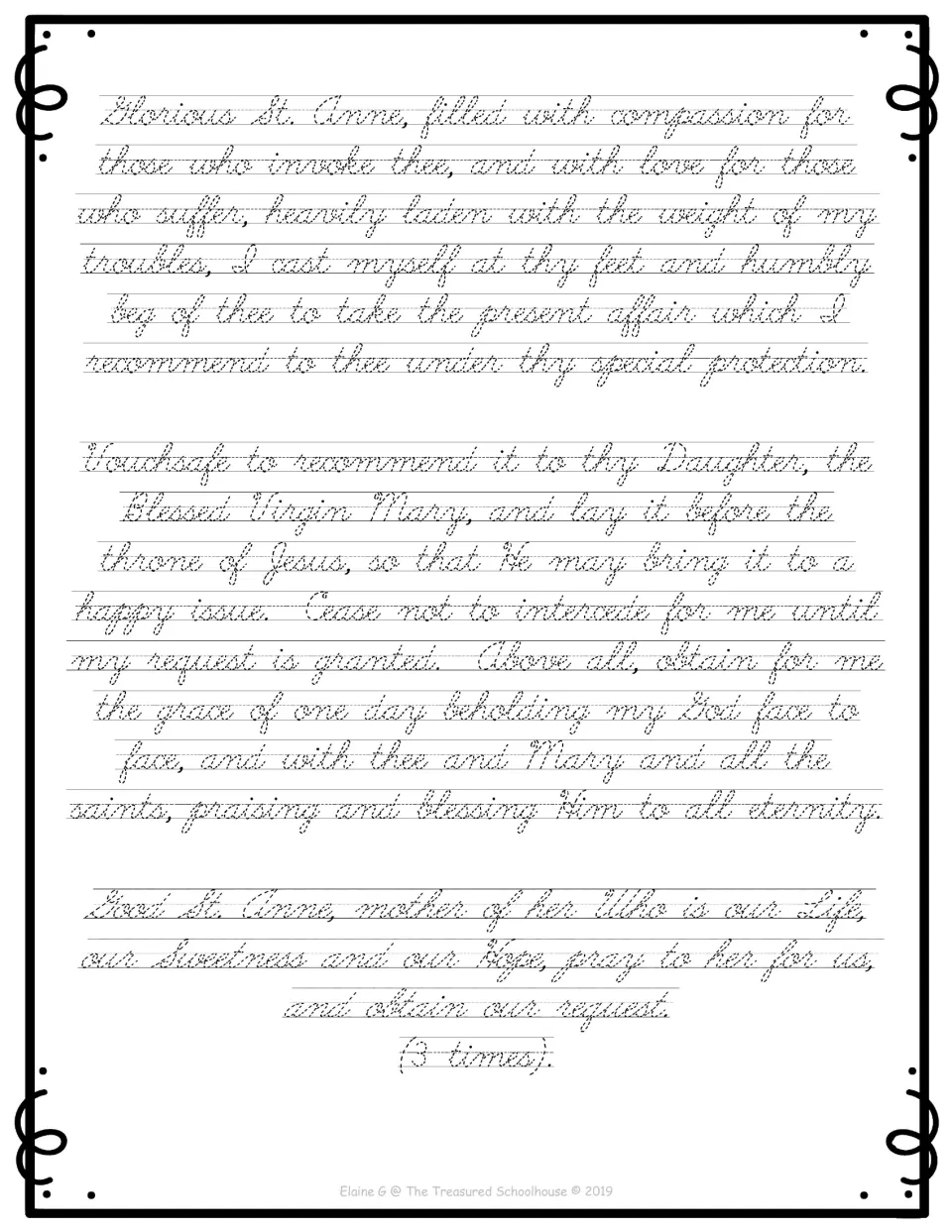 Cursive handwriting practice presents the full St. Anne prayer in dotted script, ending with “(3 times)”