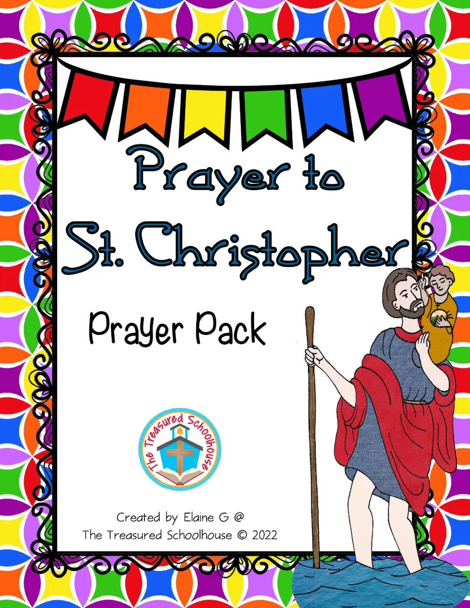 Cover of the Prayer to St. Christopher Prayer Pack, showing the saint carrying the Child Jesus through water