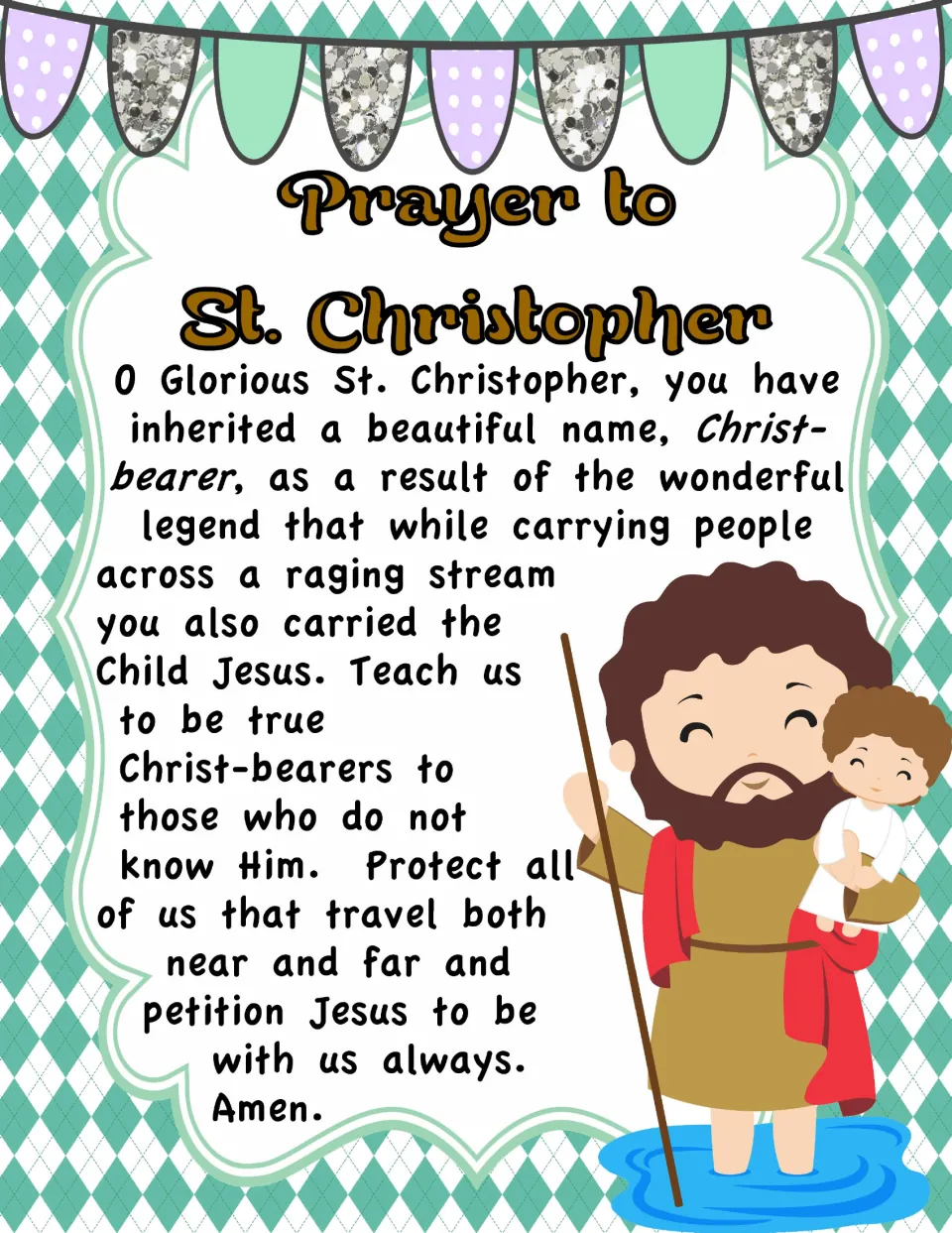 Color prayer poster recounting St. Christopher carrying the Child Jesus and asking for protection during travel