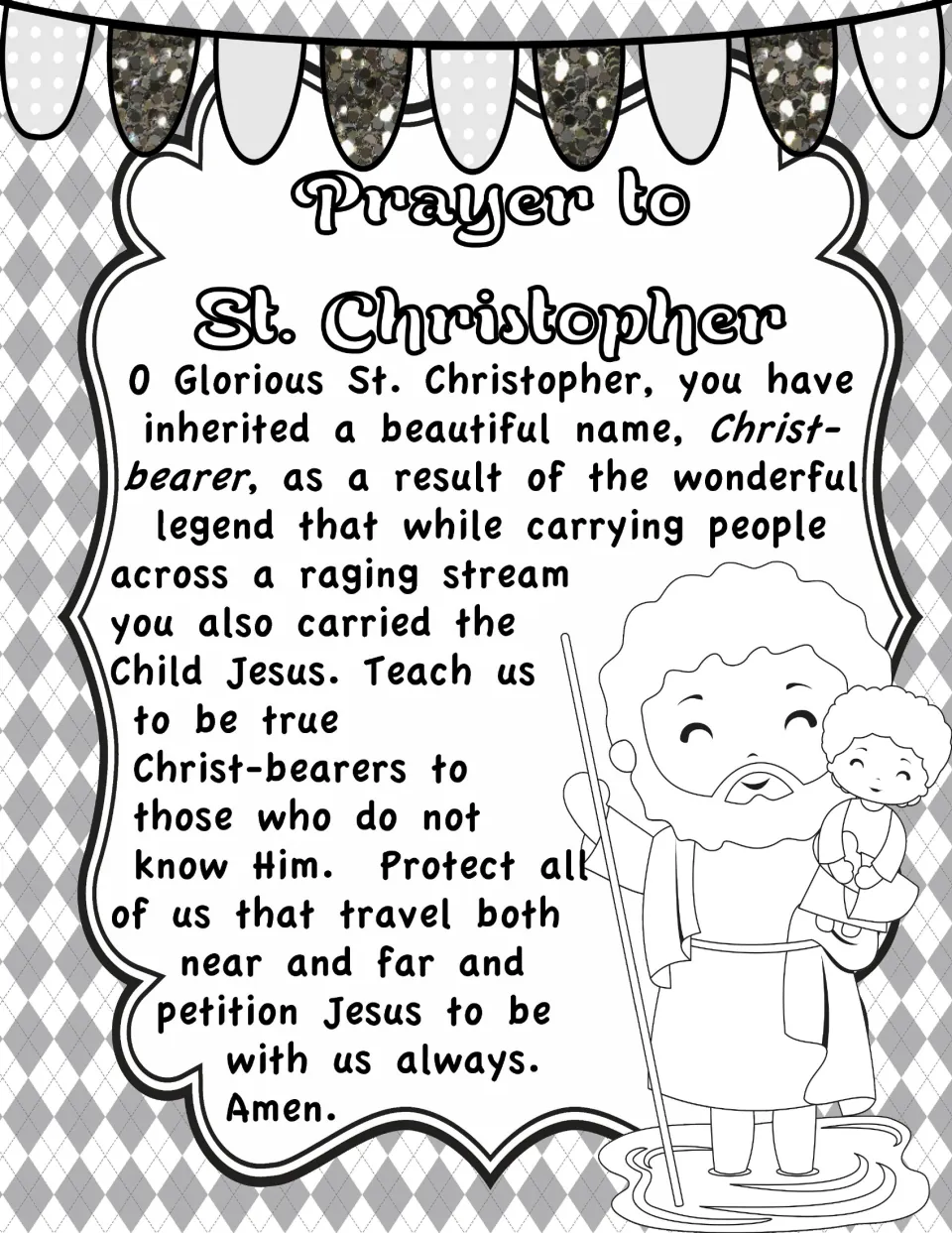 Black-and-white prayer poster with the full St. Christopher prayer and an outline of the saint carrying Jesus
