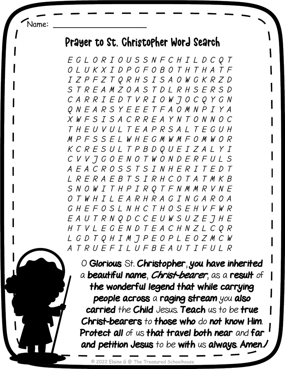 St. Christopher prayer word search with bold words to find in the prayer, including Glorious, stream, and Child
