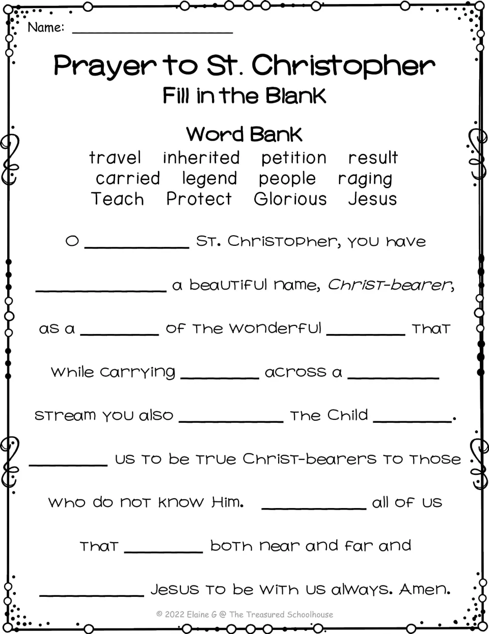 St. Christopher prayer fill-in-the-blank activity with 12 word-bank choices, including travel, inherited, and Jesus