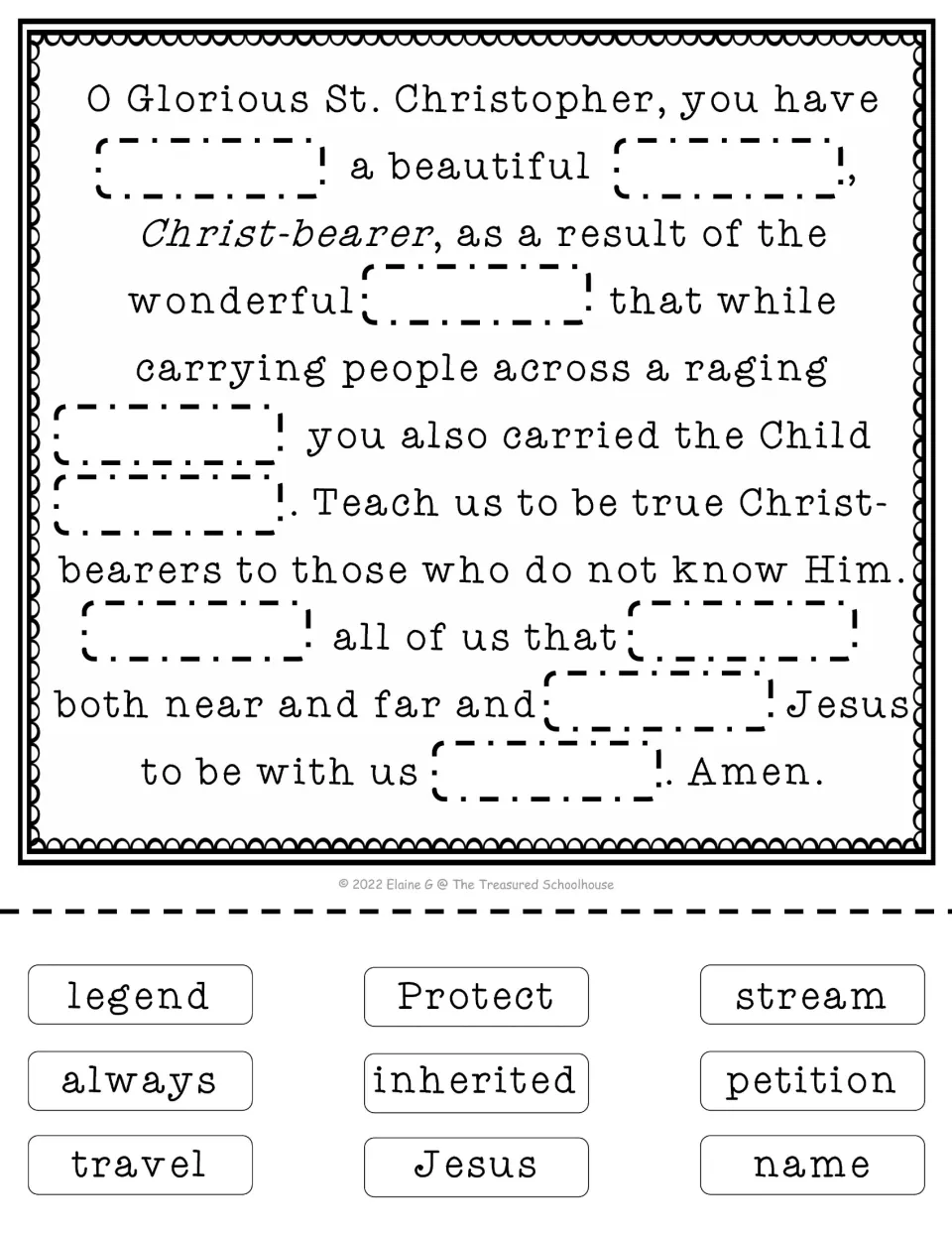 St. Christopher prayer completion activity with nine cutout words, including legend, Protect, stream, and always