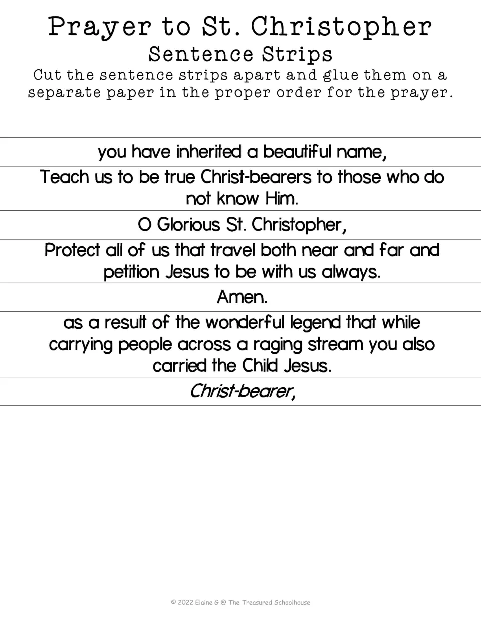 Seven St. Christopher prayer strips to cut apart and glue in order, from O Glorious St. Christopher to Amen