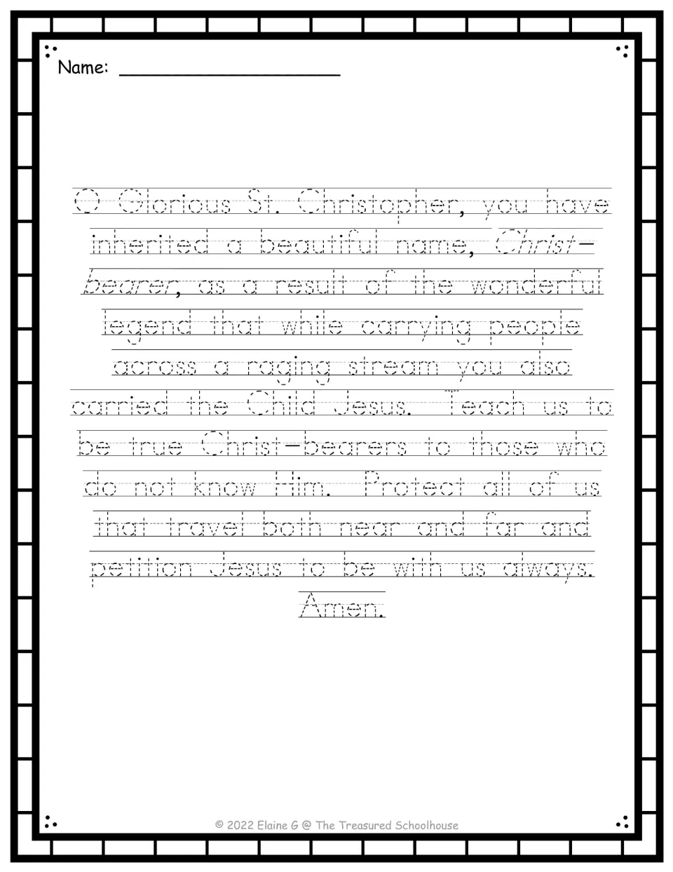 Print handwriting tracing page for the full St. Christopher prayer, beginning O Glorious St. Christopher