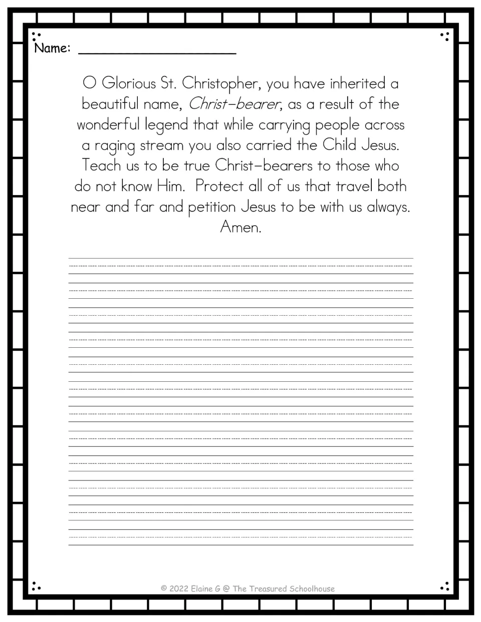 Print copywork page presenting the full St. Christopher prayer as a model for students to write beneath