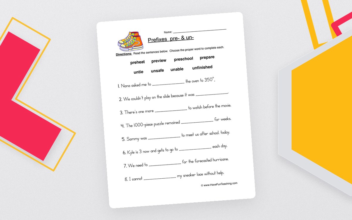 Pre- and Un- Prefixes worksheet with a word bank and eight sentence blanks