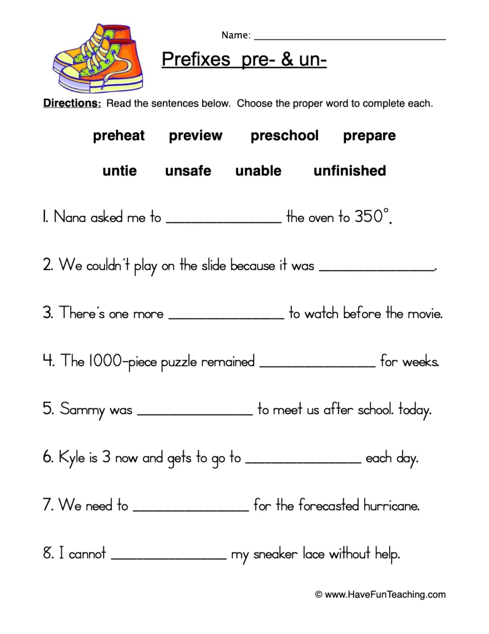 Prefixes pre- and un-: students fill 8 sentence blanks using words like preheat, preview, untie and unfinished
