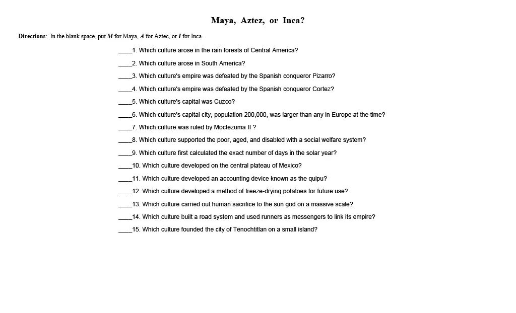 Pre-Columbian Civilizations Chart and Fill-In Worksheet – cover