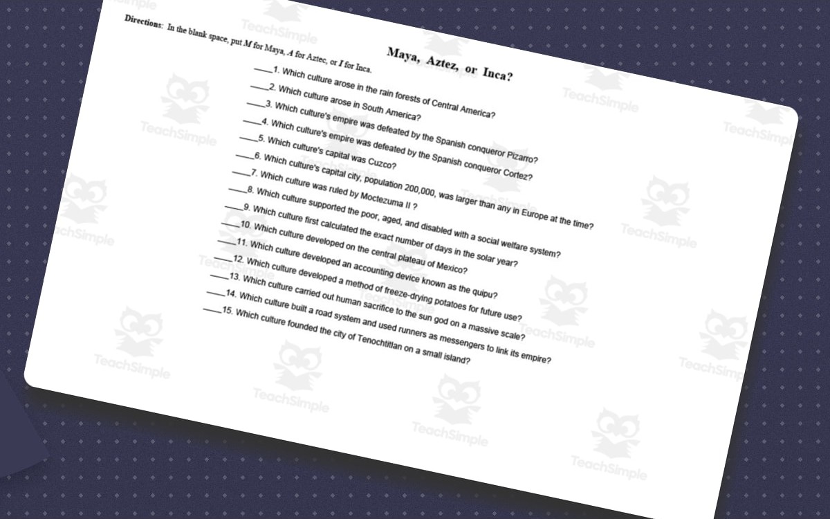 Pre-Columbian Civilizations Chart and Fill-In Worksheet worksheet preview.