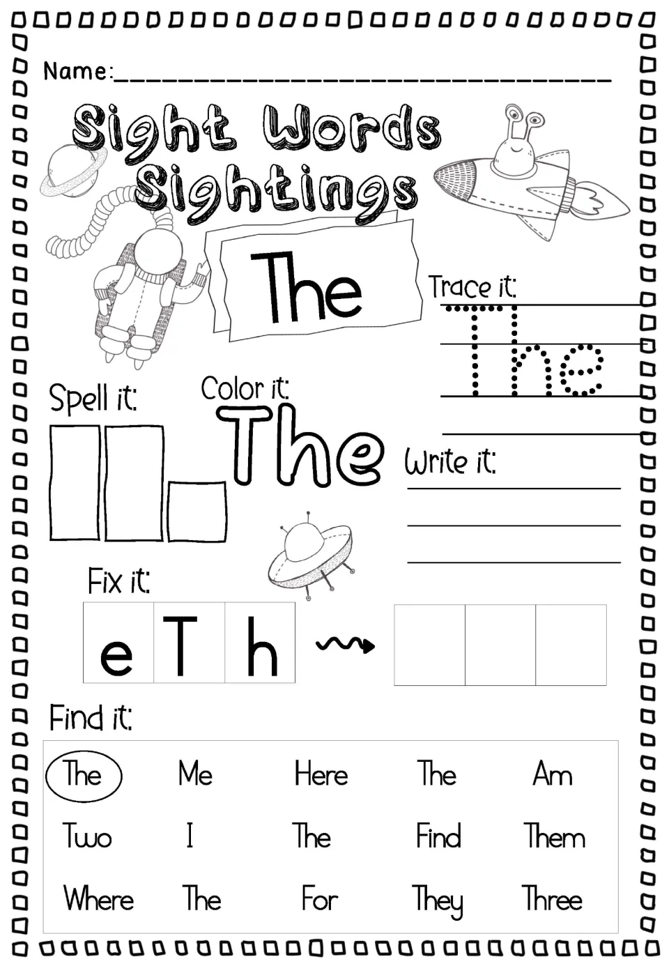 Sight word The in title case: students trace, spell, color and write it, unscramble e-T-h, and circle The in a word search