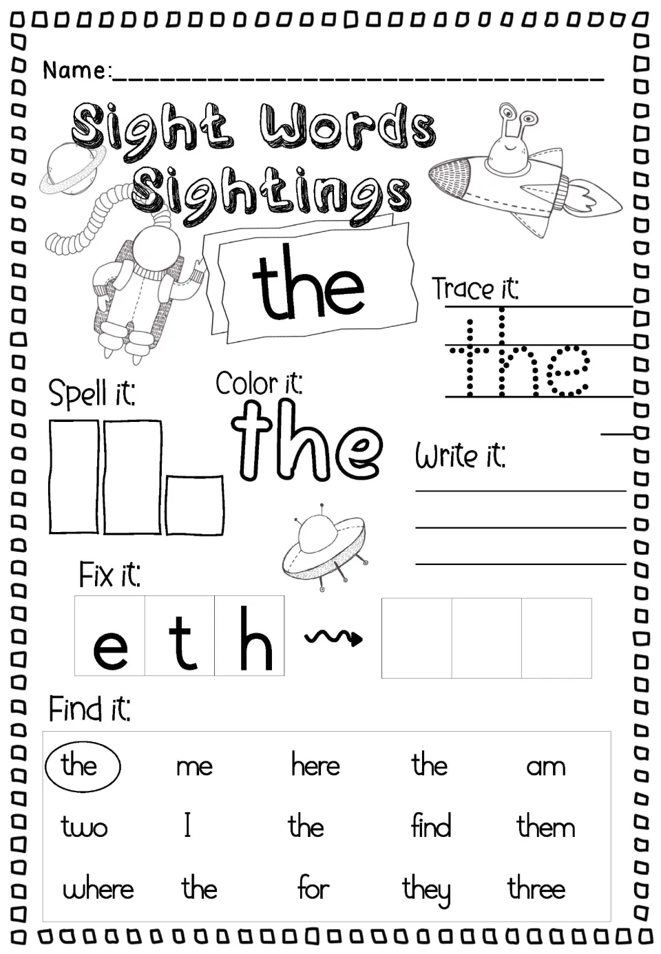 Lowercase sight word the: trace, color and write it, spell it in letter boxes, fix e-t-h and find the among 15 words