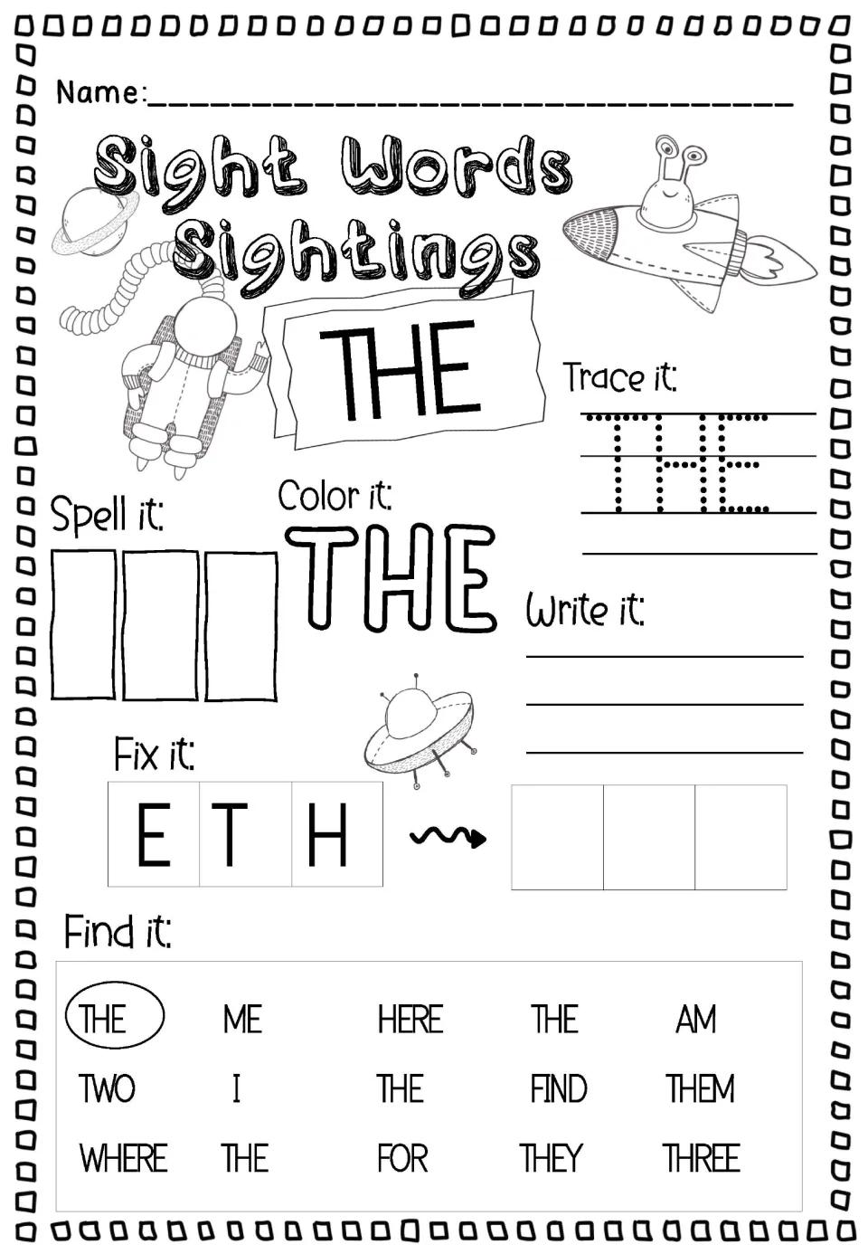 Uppercase sight word THE: students trace and write it, spell in three boxes, unscramble E-T-H and circle THE in a list