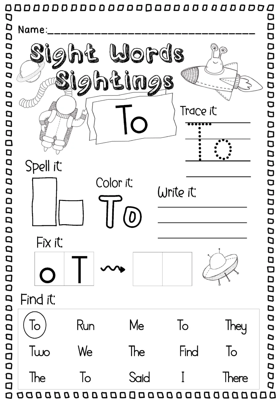 Sight word To in title case: students trace, color and write it, reorder o-T to fix it, then circle every To in the list