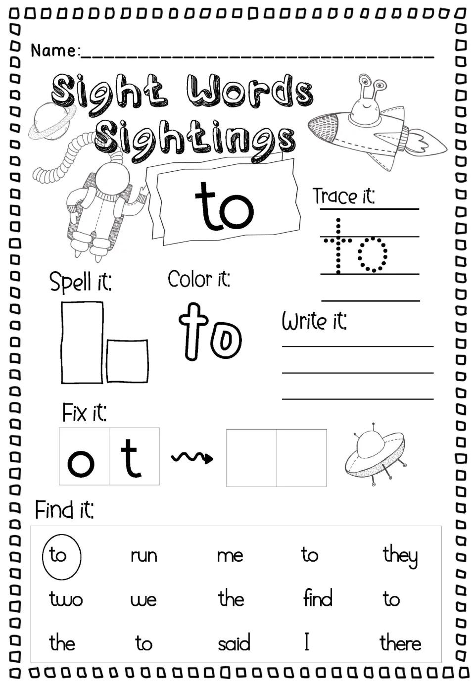 Lowercase sight word to: trace and write it, spell it in two boxes, fix o-t and find to among words like two and they