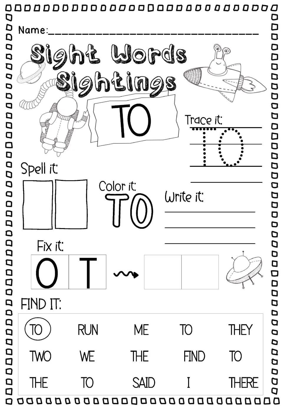 Uppercase sight word TO: students trace, color and spell it, unscramble O-T and circle TO among words like TWO and THE