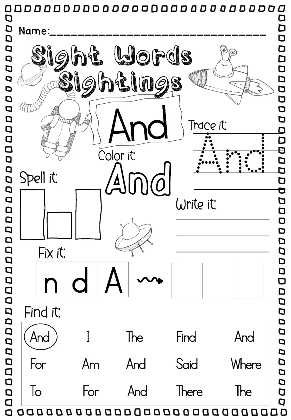 Sight word And in title case: students trace, color and write it, fix n-d-A and circle each And among similar words