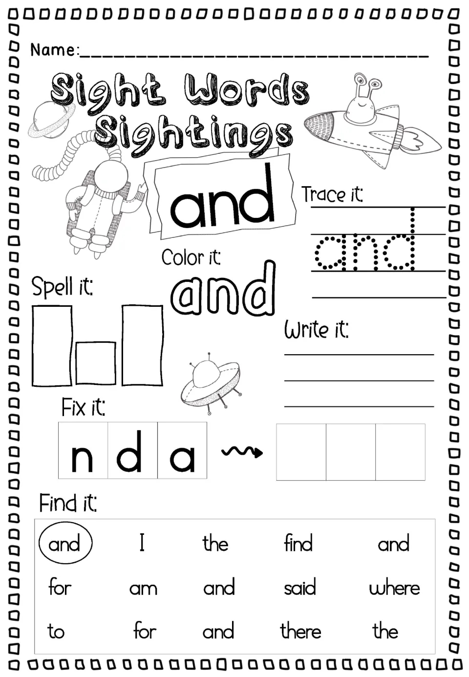 Lowercase sight word and: trace, spell and write it, unscramble n-d-a, then find and among words like for, said, there