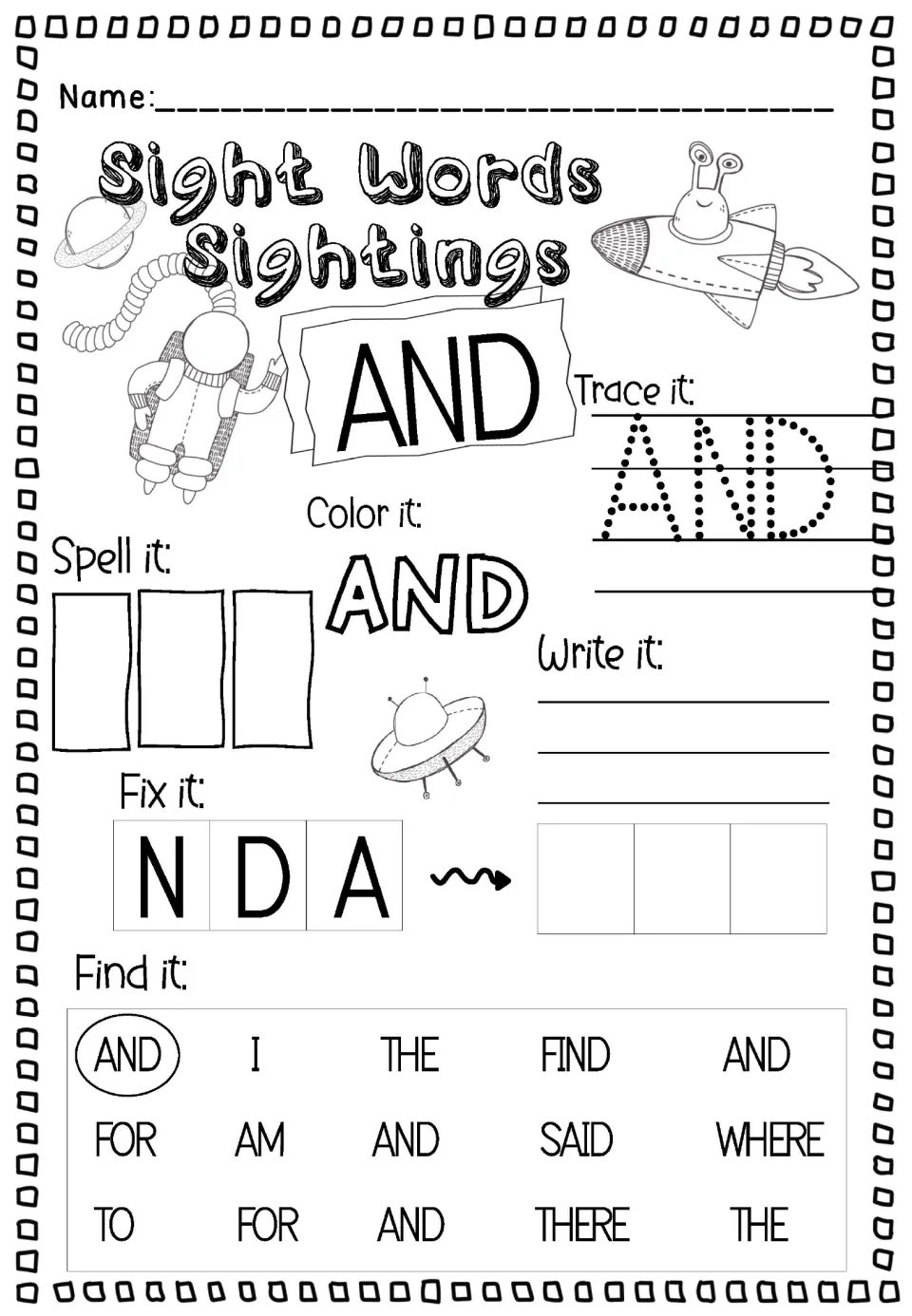 Uppercase sight word AND: students trace, color and write it, fix N-D-A, and circle AND among words like AM and THE