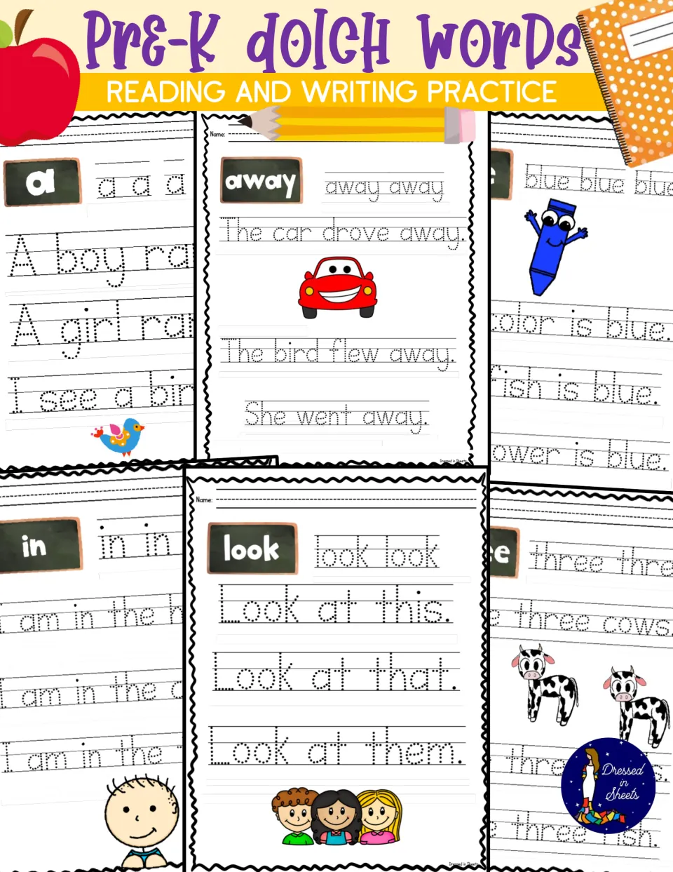 Pre-K Dolch Words Reading and Writing Practice cover showing trace pages for a, away, blue, in, look and three