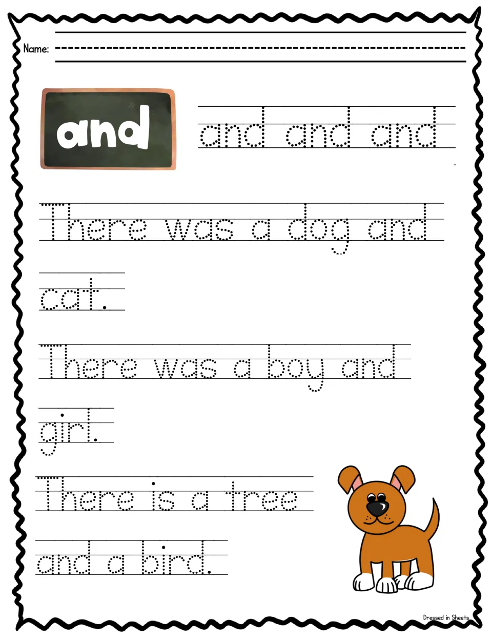 Sight word and: students trace and three times, then sentences about a dog and cat, a boy and girl, a tree and a bird