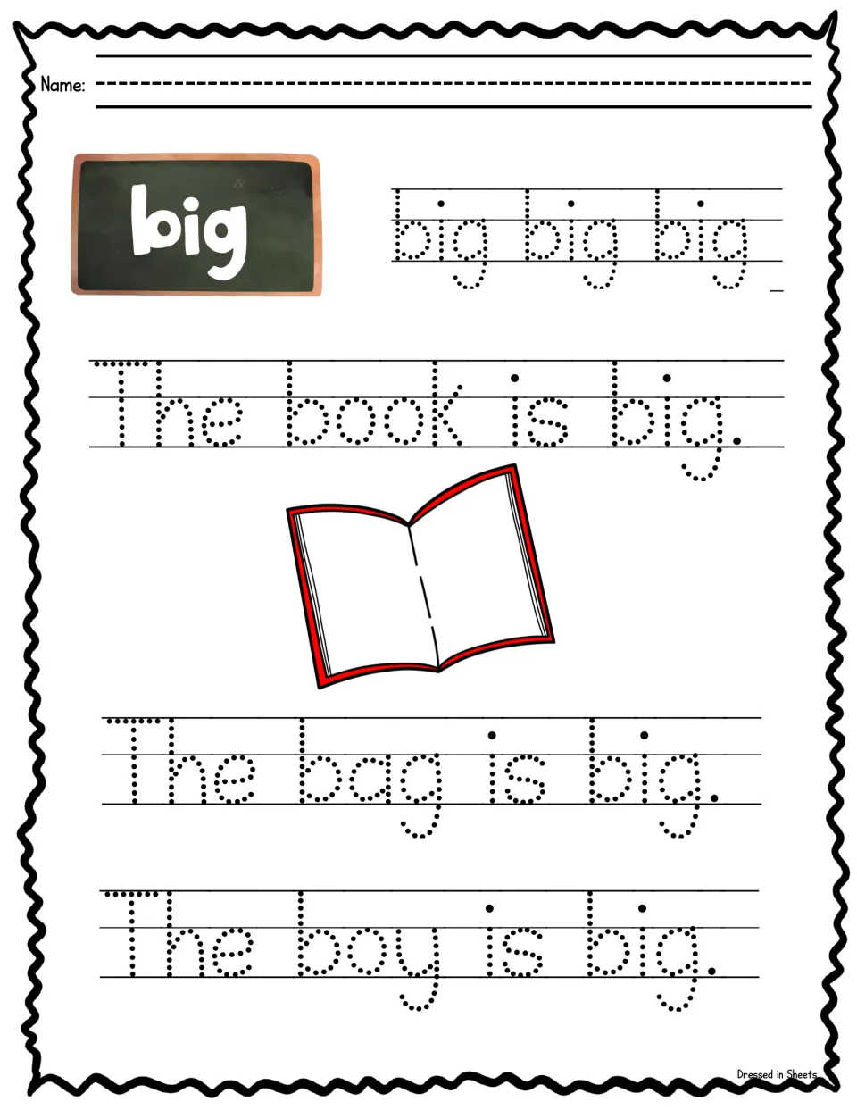 Sight word big: students trace big three times, then The book is big, The bag is big and The boy is big, with a book image