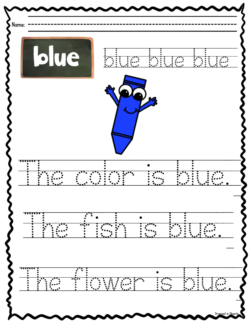 Color word blue: students trace blue three times, then The color is blue, The fish is blue and The flower is blue