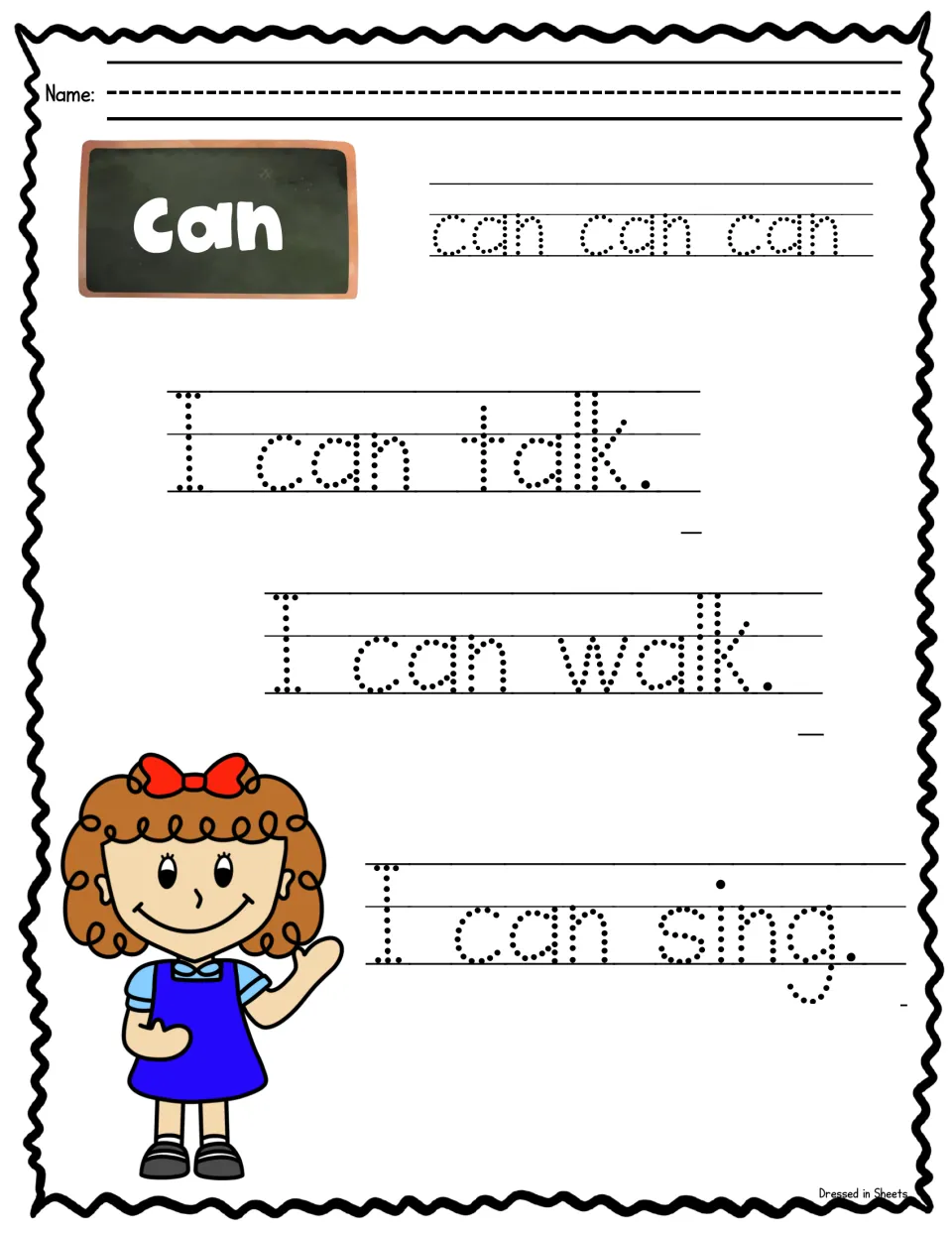 Sight word can: students trace can three times, then I can talk, I can walk and I can sing next to a waving girl