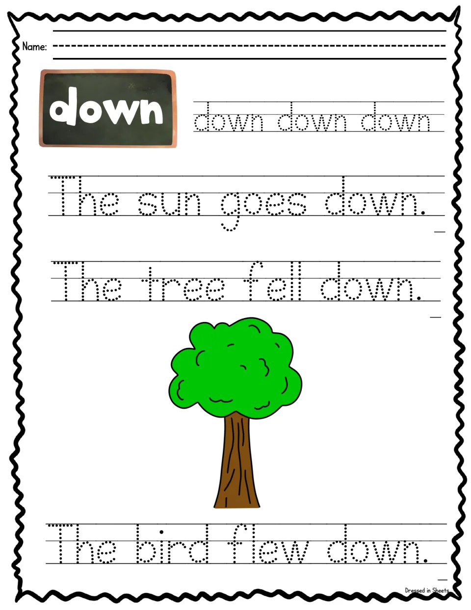 Sight word down: students trace down three times, then The sun goes down, The tree fell down and The bird flew down