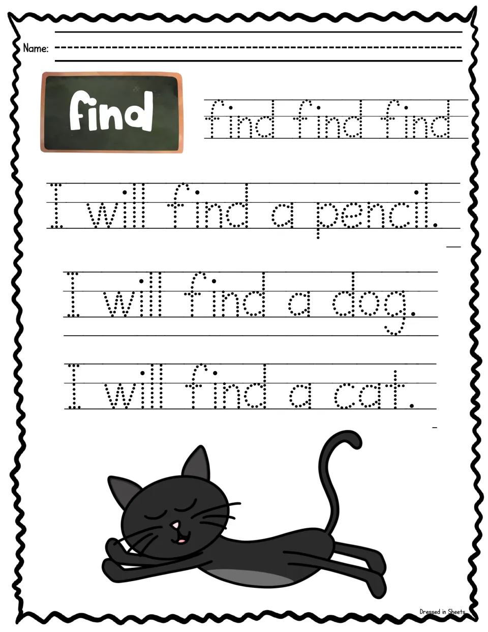 Sight word find: students trace find three times, then I will find a pencil, a dog and a cat, with a sleeping black cat