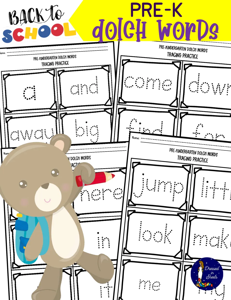 Back to School Pre-K Dolch Words cover: a teddy bear holding a pencil in front of sample sheets of dotted words to trace