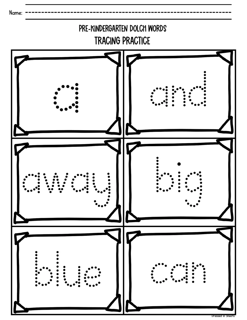 Pre-kindergarten Dolch sight word tracing: students trace the dotted words a, and, away, big, blue and can