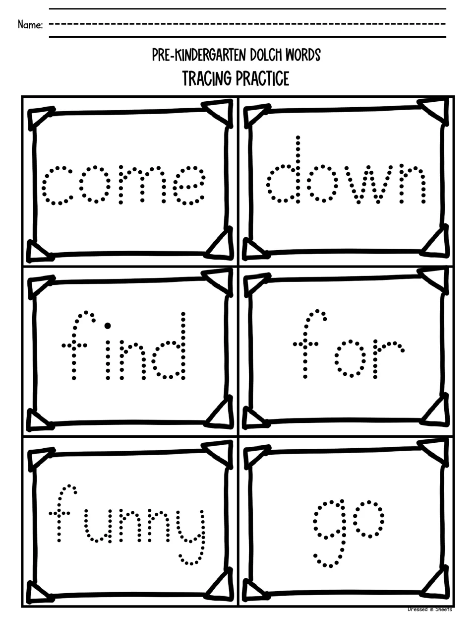 Dolch sight word tracing: children follow the dots to write come, down, find, for, funny and go letter by letter