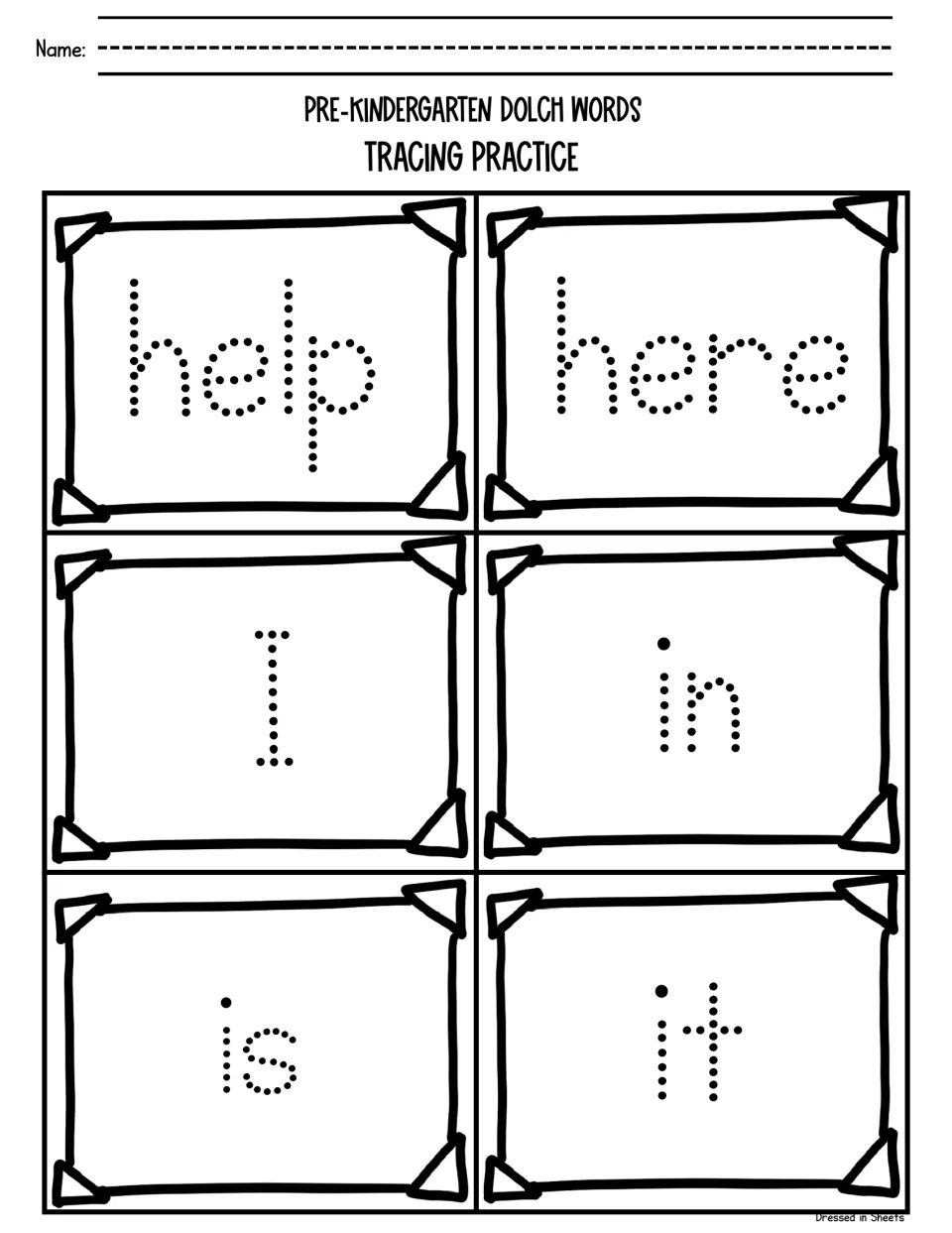Sight word tracing for help, here, I, in, is and it: students trace each dotted word to practise letter formation