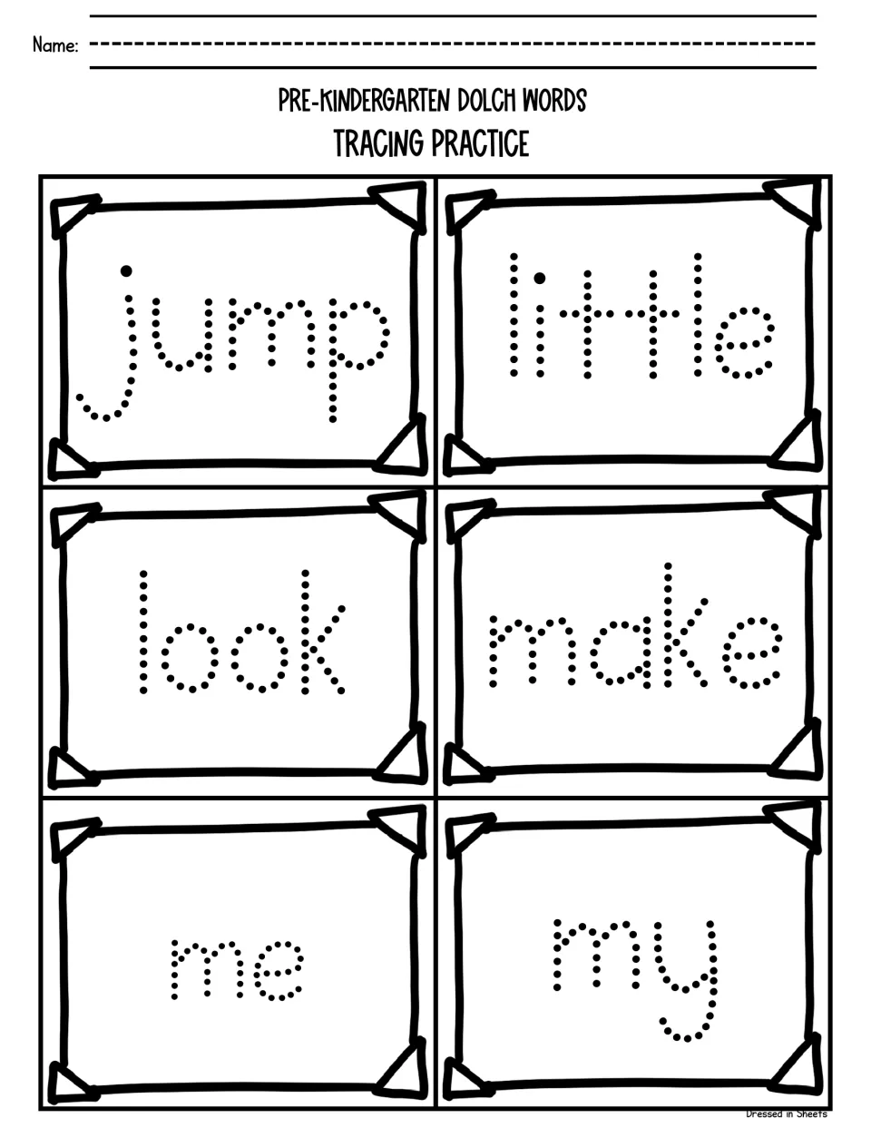 Dolch word tracing with jump, little, look, make, me and my: learners trace the dotted letters of each word
