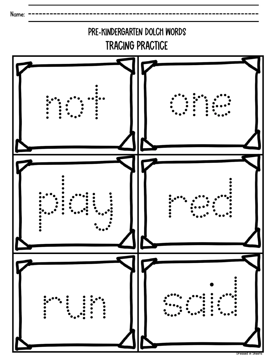 Sight word handwriting practice: students trace the dotted words not, one, play, red, run and said on this sheet