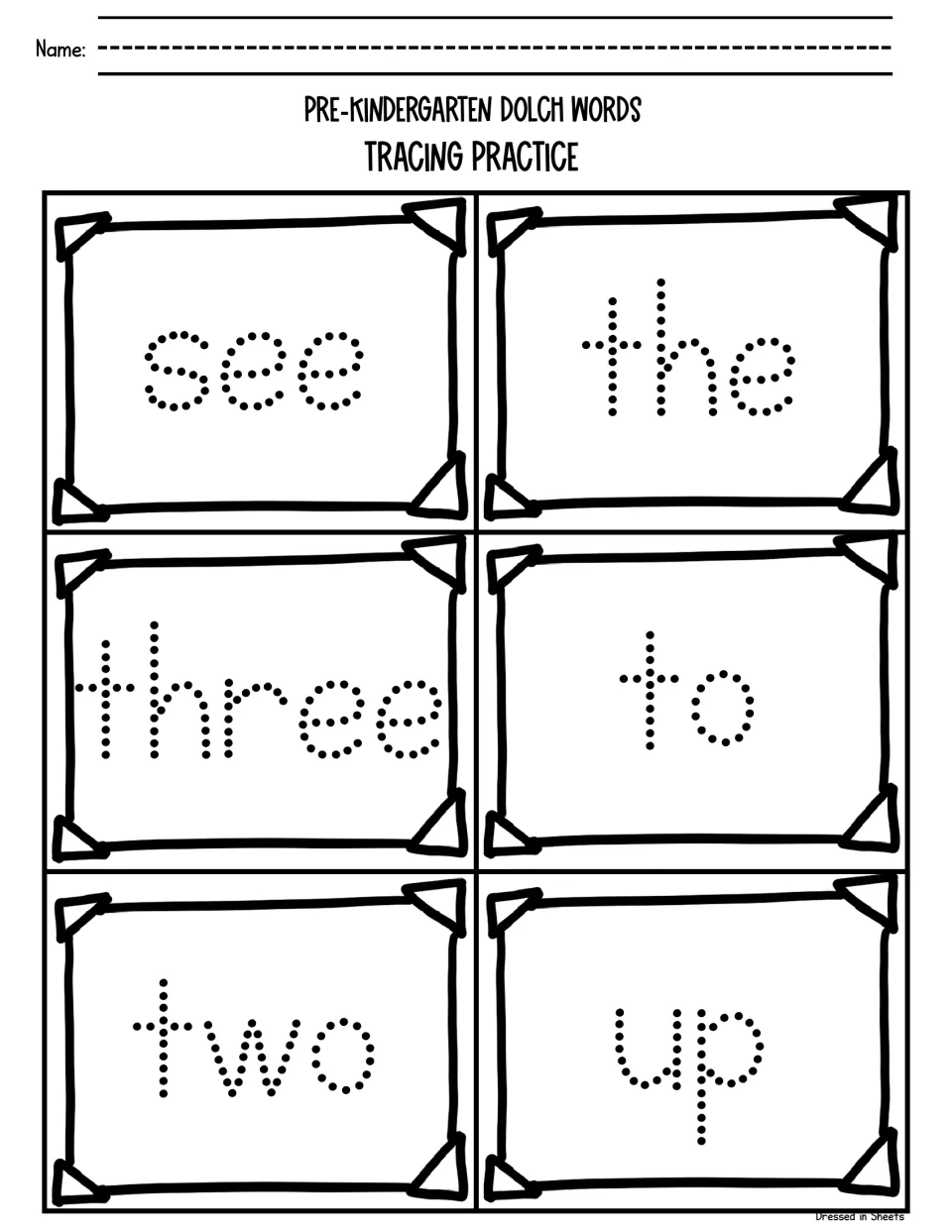 Dolch words see, the, three, to, two and up: students trace each dotted word, including number words three and two