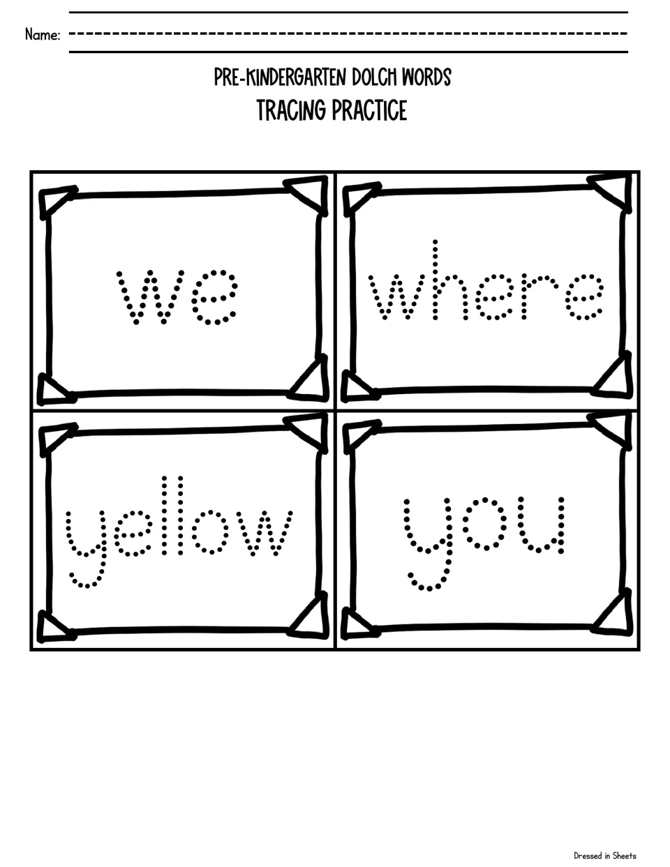 Final Dolch tracing sheet: students trace the four dotted words we, where, yellow and you to finish the word list