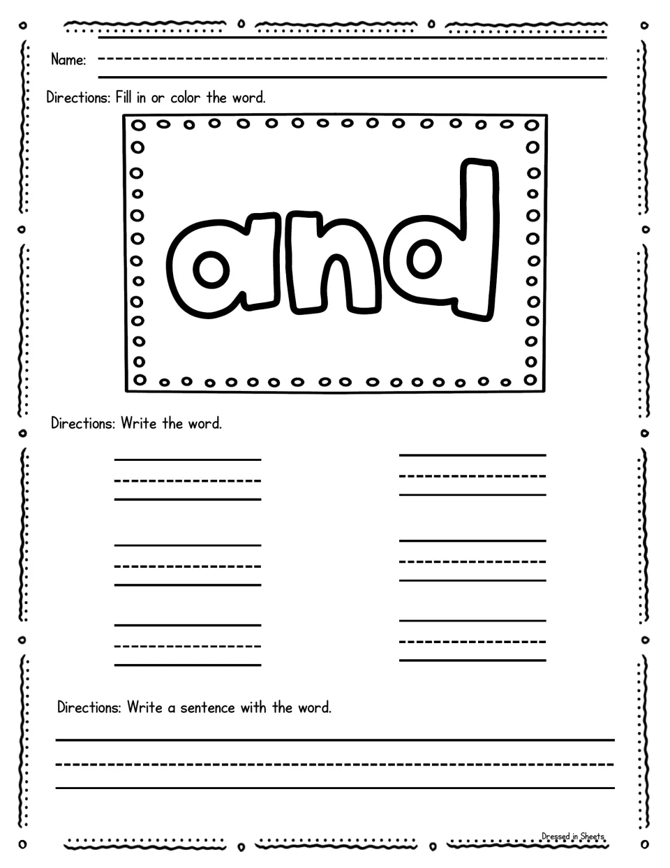 Sight word and: children color the outlined word, copy it on six handwriting lines and write a sentence with and