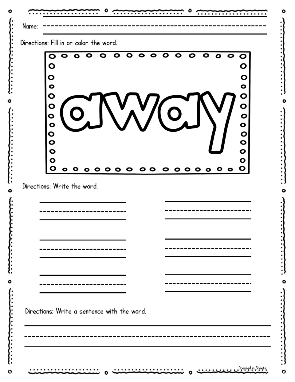 Sight word away: color the bubble-letter word, practise writing away six times, then compose a sentence using it