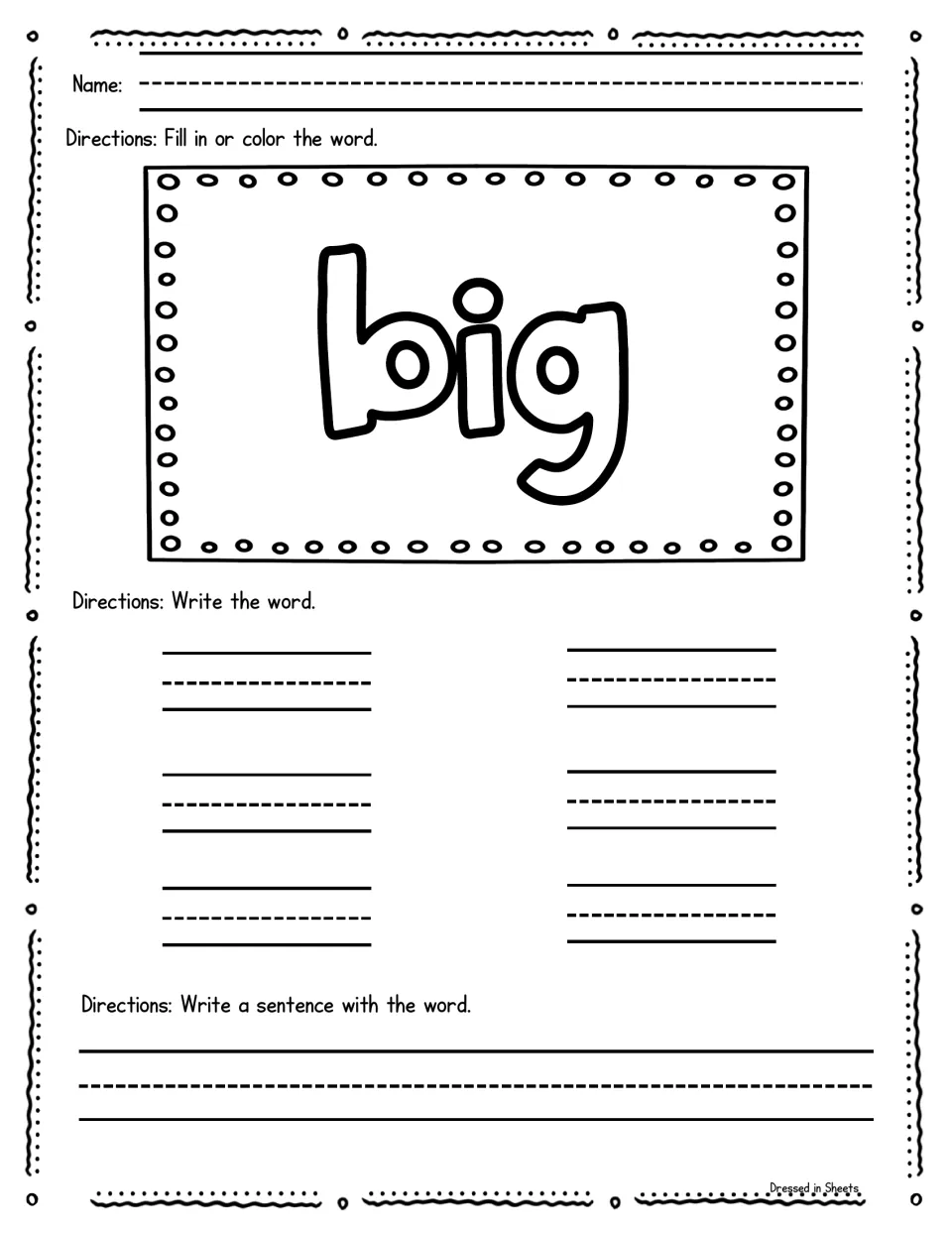 Sight word big: learners color in big, write it on six practice lines and put it into a sentence of their own