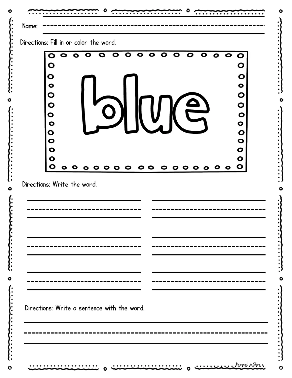 Sight word blue: fill in the hollow letters of blue, write the word six times, then write one sentence including it