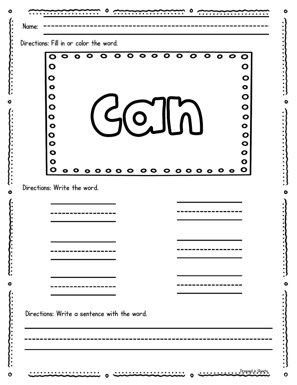 Sight word can: students color can, practise its spelling on six writing lines and finish with a sentence