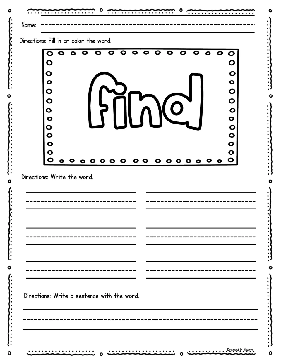Sight word find: color the word find, write it six times and compose a sentence, practising sight word recognition