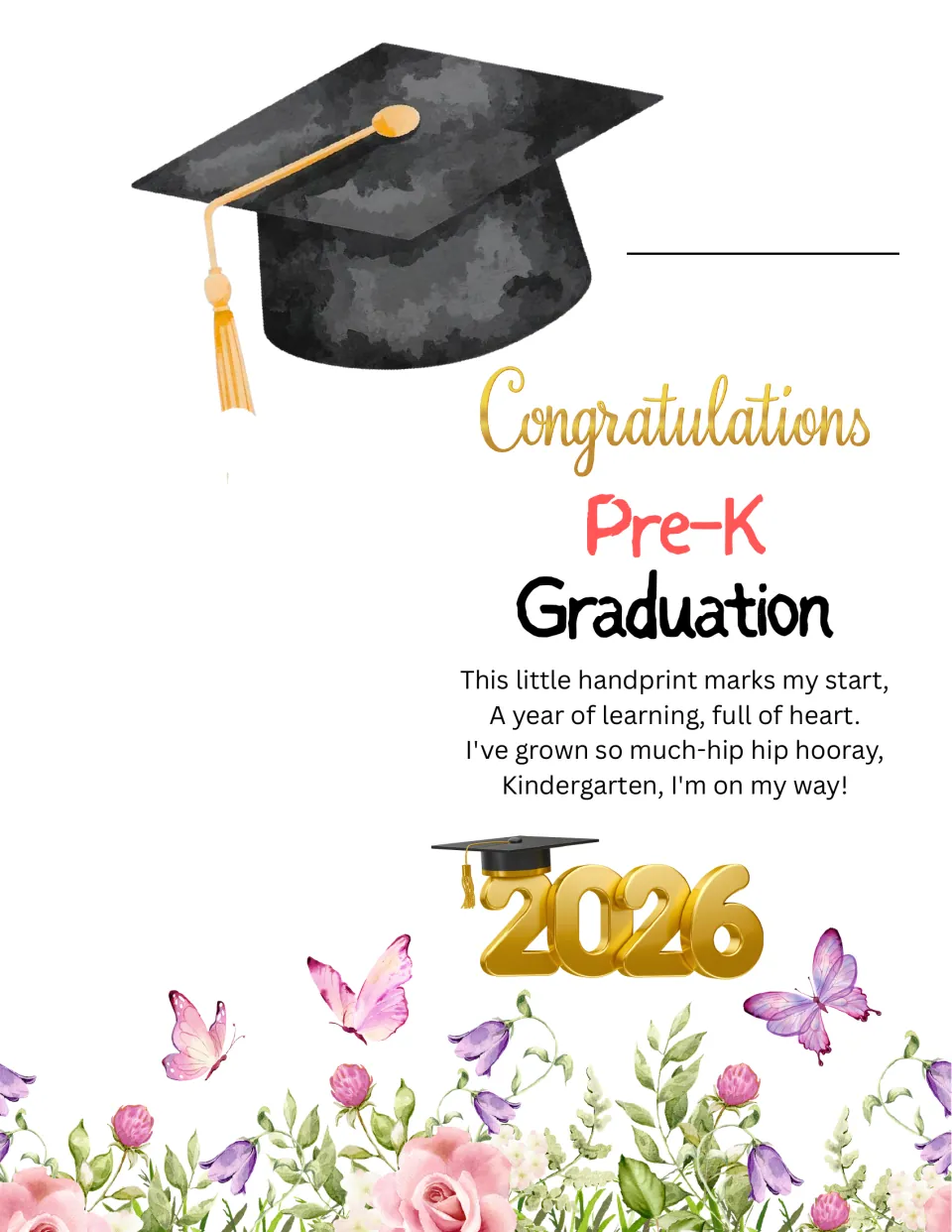Pre-K graduation keepsake: black cap, name line, handprint poem ending "Kindergarten, I'm on my way!" and a gold 2026