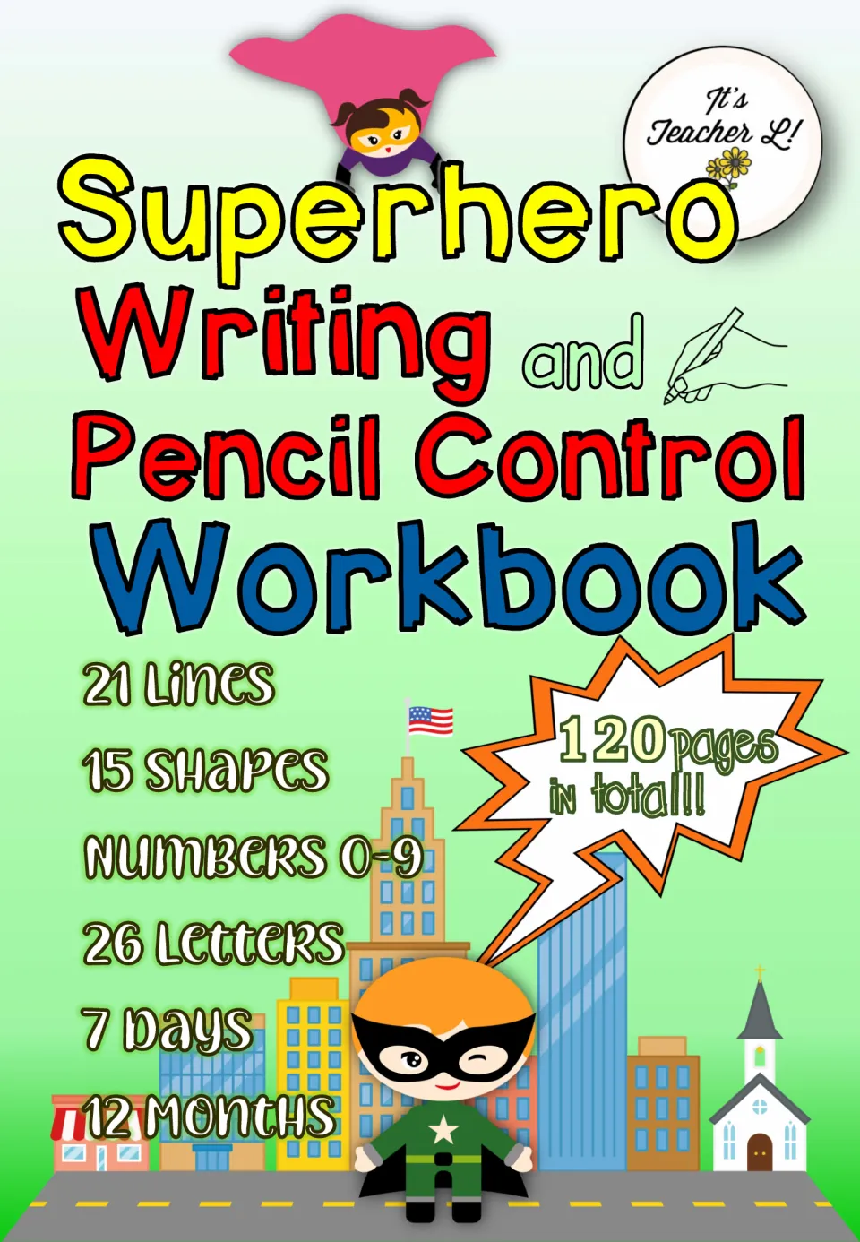 Workbook cover lists 120 pages covering 21 lines, 15 shapes, numbers 0–9, 26 letters, days, and months