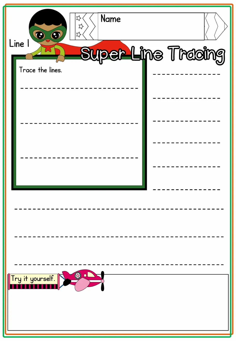 Line 1 tracing practice introduces horizontal strokes with 'Trace the lines' and 'Try it yourself'