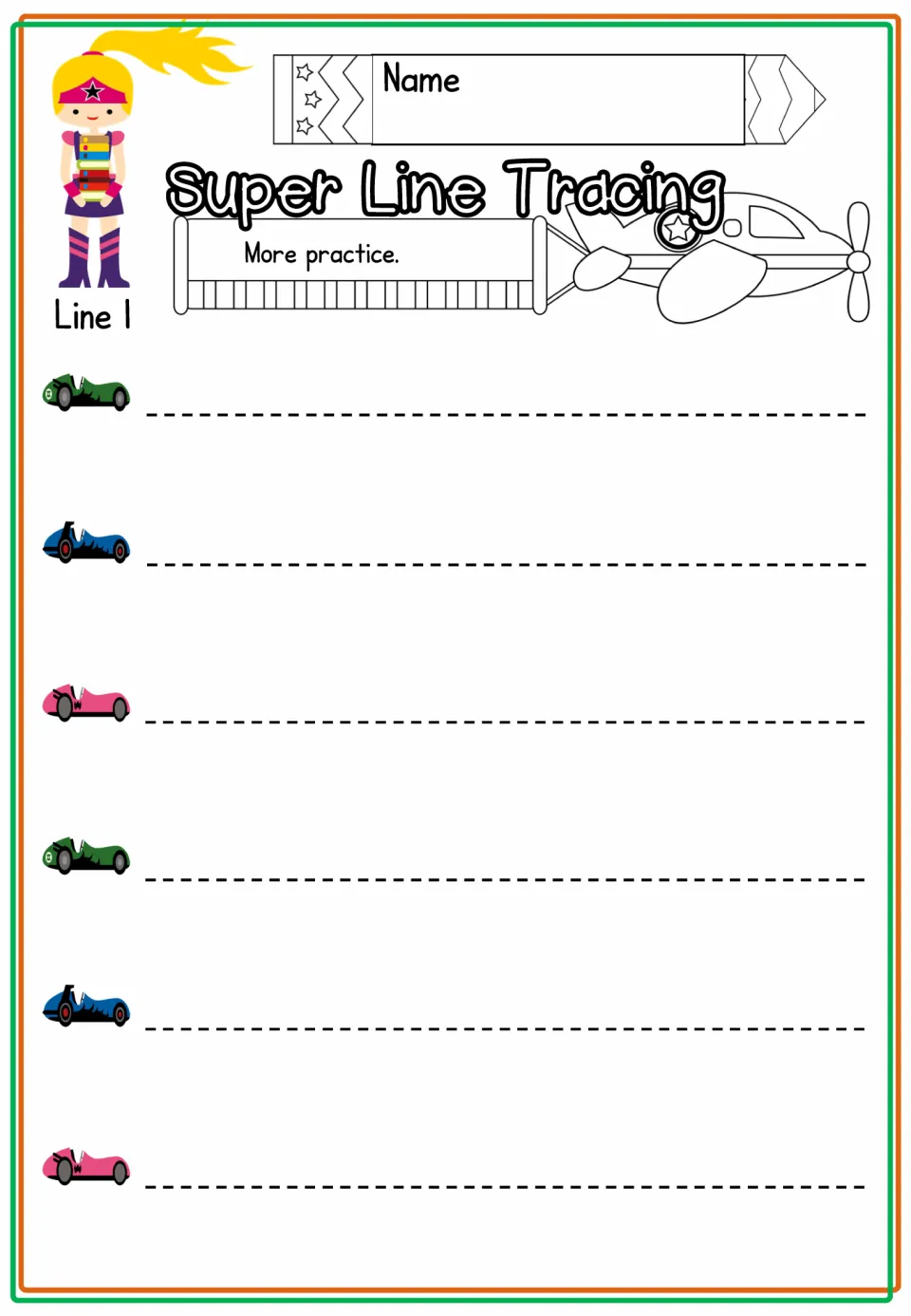 Line 1 extra-practice sheet provides six horizontal tracing paths under the heading 'Super Line Tracing'